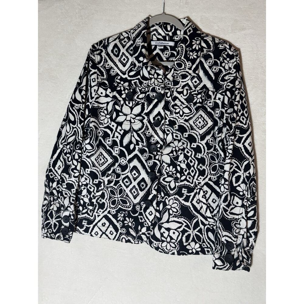 Croft & Barrow Women's Black/White Print Button Up Jacket Size L Long Sleeve